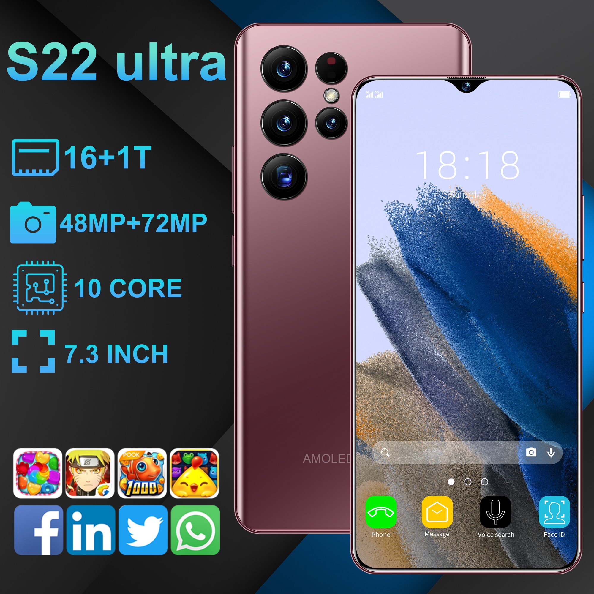 S22Ultra 16GB+1TB smart phone MTK6889 (10 cores) Android 12.0 Pixel 16 million+32 million battery 6800Mah 7.2 inch